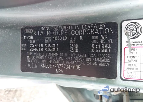 2007 Kia Sportage Ex V6 from USA, damaged, VIN KNDJE723777344688